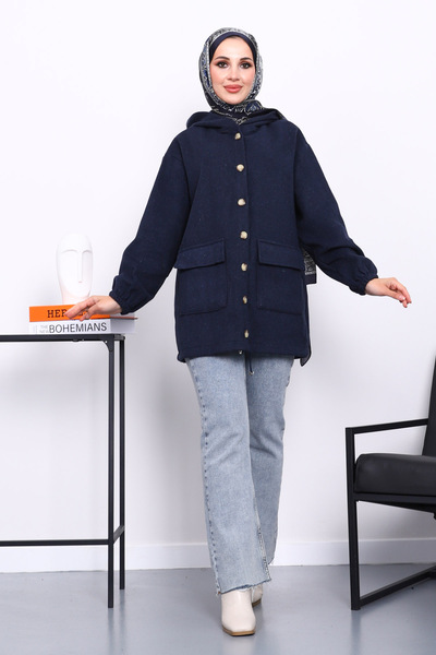 İmajButik Navy Blue Hooded Button Slim Cashmere Jacket
