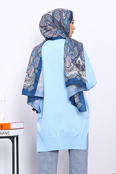 İmajButik Baby Blue Houndstooth Patterned Cold Yarn Knitwear Tunic