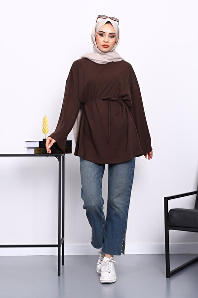 İmajButik Brown Crew Neck Waist Belted Tunic