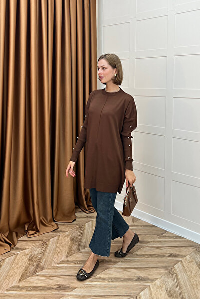 Stilife Πλεκτό τούνικ με μανικετόκουμπα καφέ
