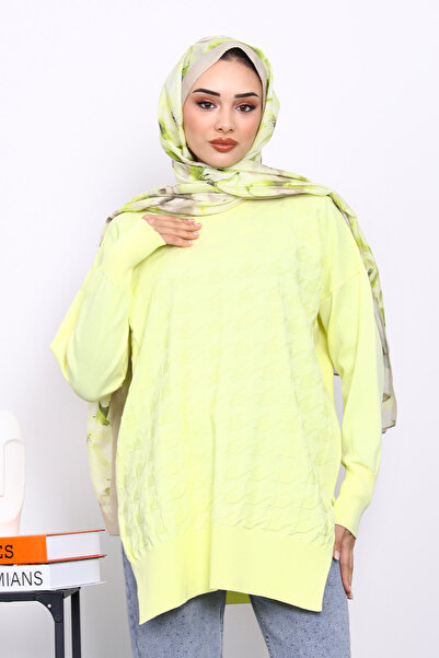 İmajButik Yellow Houndstooth Patterned Cold Yarn Knitwear Tunic