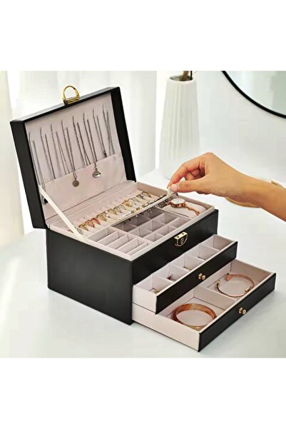 Arzu Güzel Cosmetics Kadınlar için 3 Katmanlı Kilitli Deri Mücevher Kutusu Çıkarılabilir Tepsili Düzenleyici