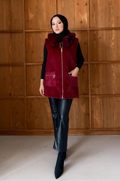 Rimel Moda İtalian Yakalı Angora Yelek Bordo