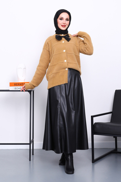 İmajButik Μπισκότο Φιόγκος Λεπτομερής Ανγκόρα Μαλακό Πλεκτό Ζακέτα