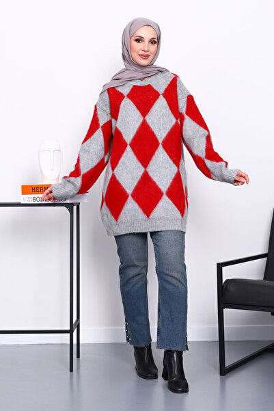 İmajButik Red Argyle Patterned Knit Sweater