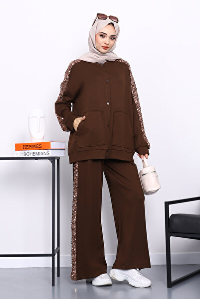 İmajButik Brown Sequined Tunic Trouser Suit