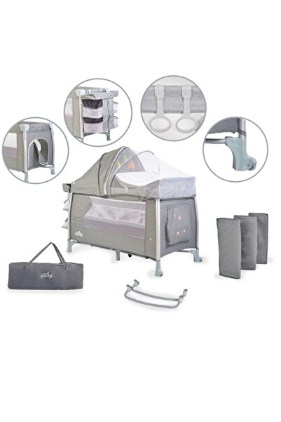 Cangaroo Patut pliabil copii cu doua niveluri ISLEEP Cangaroo Gri, masuta de infasat si saltea incluse