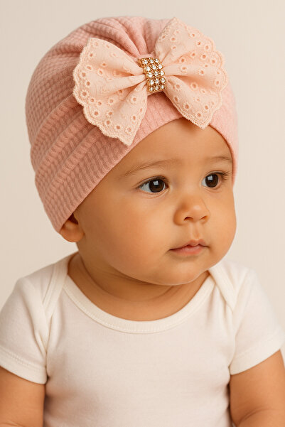 LOGO AKSESUAR Baby Girl Bow Detailed Ecru Pink 2-Piece Cotton Waffle Bonnet