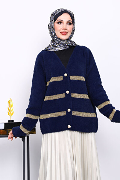 İmajButik Navy Blue V-Neck Angora Soft Cardigan
