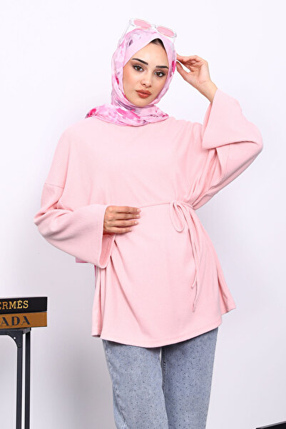 İmajButik Powder Crew Neck Waist Belted Tunic