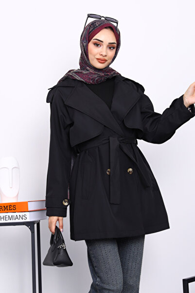 İmajButik Μαύρη καμπαρντίνα με διπλό γιακά με επένδυση