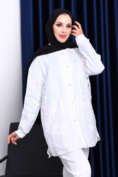 İmajButik طقم بنطلون مزين بالترتر والأزرار بلون الكريم