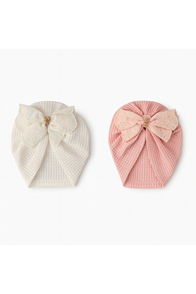 LOGO AKSESUAR Baby Girl Bow Detailed Ecru Pink 2-Piece Cotton Waffle Bonnet