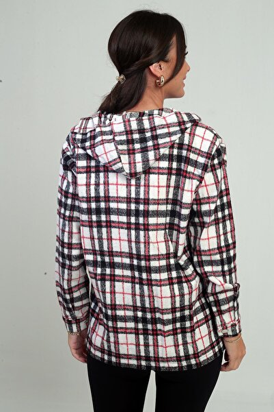 By Saygı Women's Hooded Plaid Patterned Metal Button Pocket Shirt