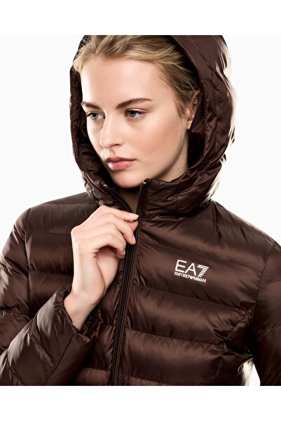 EA7 Men's Hooded Collar Long Sleeve Zippered Brown Coat 7W000684 Af12475-U6063