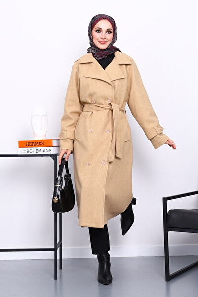 İmajButik Παλτό με κασκόλ και ζώνη από βιζόν διπλό πέτο