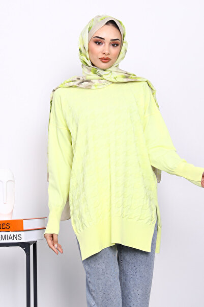 İmajButik Yellow Houndstooth Patterned Cold Yarn Knitwear Tunic