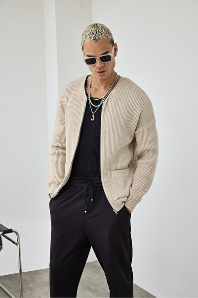 MADZEYMODA Premium ανδρική πλεκτή ζακέτα με φερμουάρ, πέτρινο μπεζ LS-62003