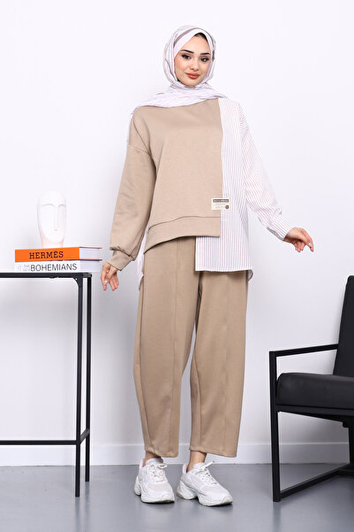 İmajButik Biskuit Paneled Tunic Striped Set with Trousers