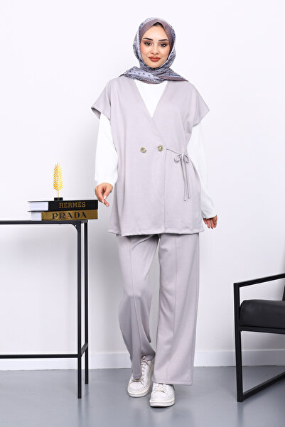 İmajButik Gray Vest Set Tunic Pants Triple Set