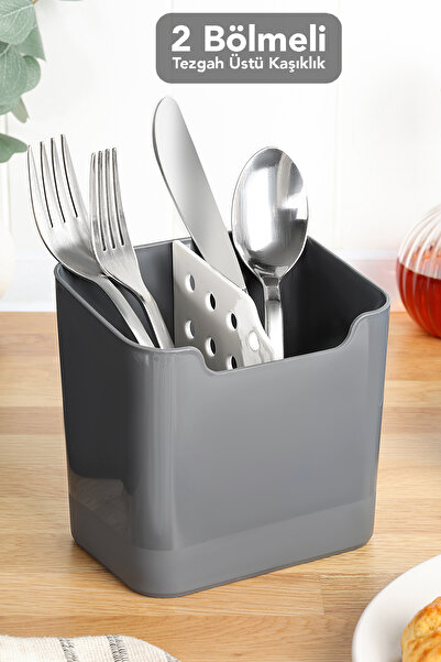 Meleni Home Luna Countertop Utensil Holder - Divided Spoon Knife Stand Organizer Kitchen Organizer Gray