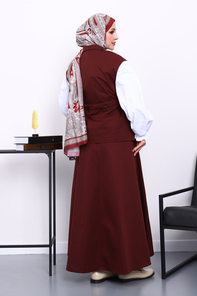 İmajButik Burgundy Pocket Vest and Skirt Bondit Set