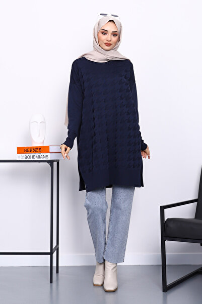 İmajButik Navy Blue Houndstooth Patterned Cold Thread Knitwear Tunic