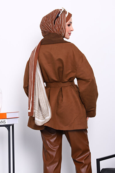 İmajButik Ταν καμπαρντίνα με συνδυασμός υφασμάτων τσέπες και ζώνη