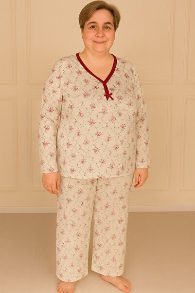 Niket Life Women's Patterned Piping Collar Long Sleeve Long Length Combed Cotton Mother Pajama Set