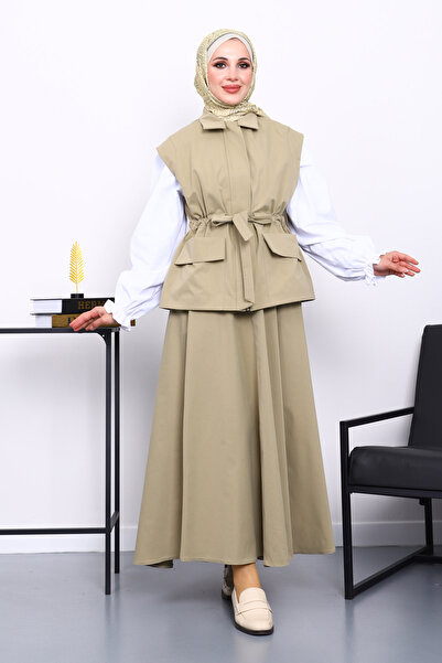 İmajButik Χακί Σετ Μποντίτ με Γιλέκο και Φούστα