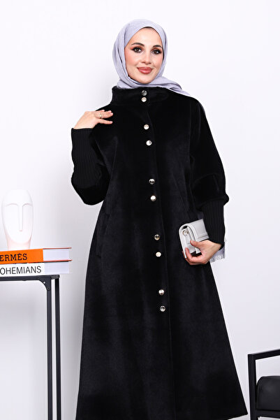 İmajButik Black Buttoned Angora Coat
