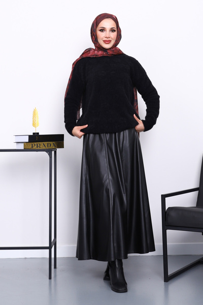 İmajButik Black Crew Neck Angora Soft Knit Sweater