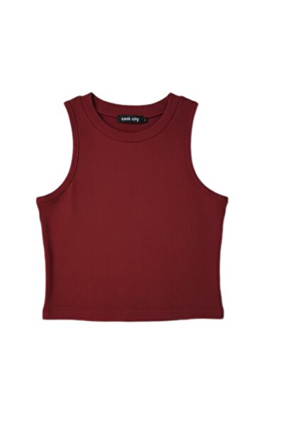 bumerangspor Women's Ribbed Knit Fabric Strap Crop Top Burgundy