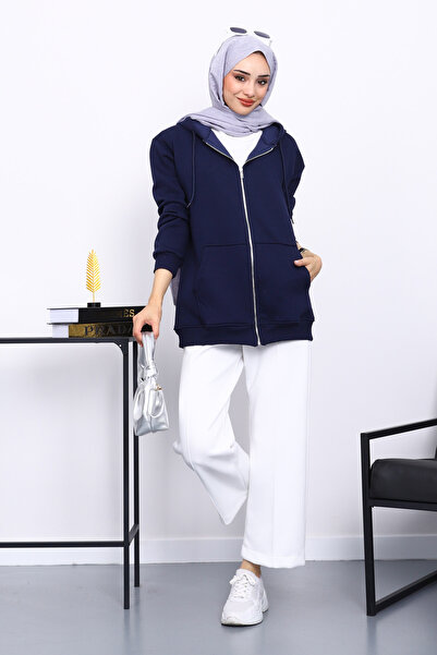 İmajButik Μπλε ναυτικό χρώμα Ζακέτα με τρεις κλωστές με φερμουάρ και τσέπες επένδυση fleece