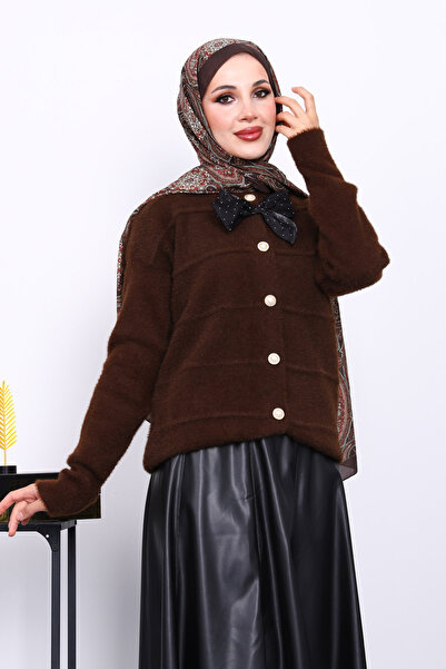 İmajButik Brown Bow Detailed Angora Soft Knitwear Cardigan