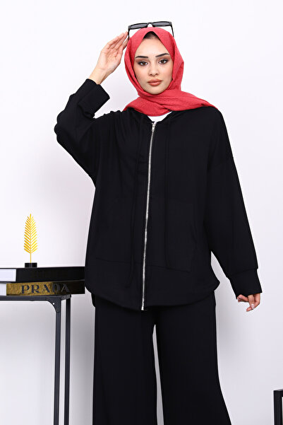 İmajButik Black Short Front Long Back Tunic Trouser Suit