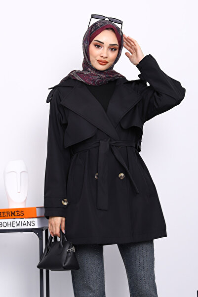 İmajButik Μαύρη καμπαρντίνα με διπλό γιακά με επένδυση