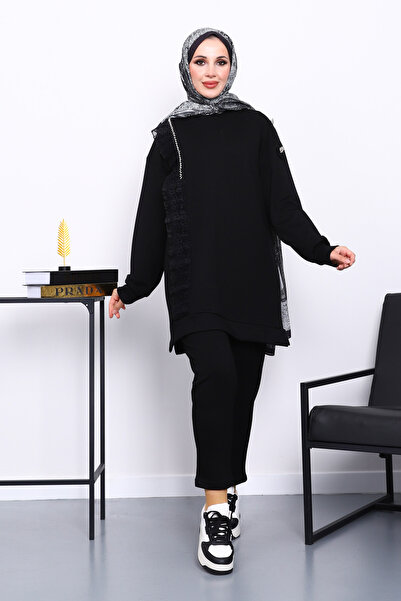İmajButik Black Mock Neck Tulle Embroidered Tunic