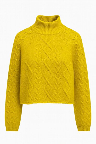 Mixray 6855 Women's Mock Neck Braided Knitwear Sweater Mustard
