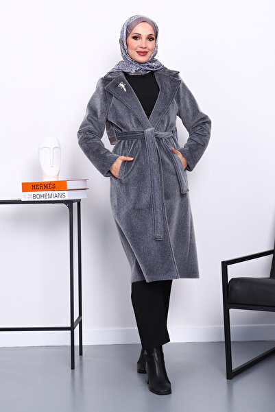 İmajButik Smoked Double-Breasted Angora Cashmere Coat with Collar Pockets