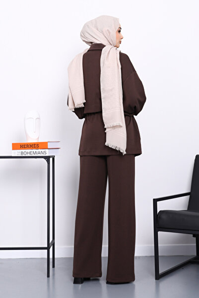 İmajButik Brown Zippered Tunic and Pants Modal Set