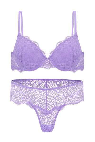 Wonna Anna 2735 Lace Low-Cut Padded Push-Up Bra and Panty Set - Lilac