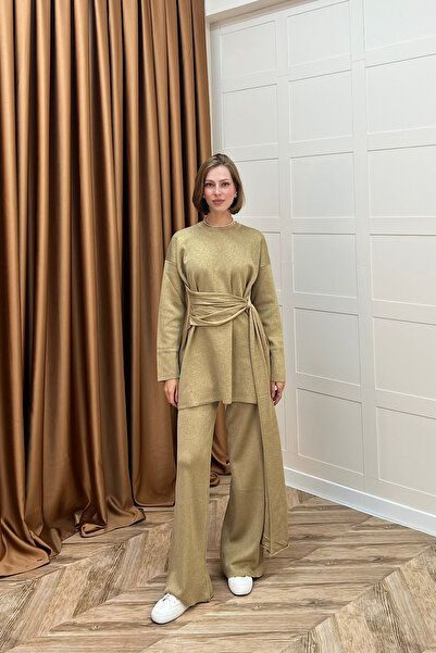 Stilife Yakamoz Шаль Деталь Блискучий трикотажний комплект Camel