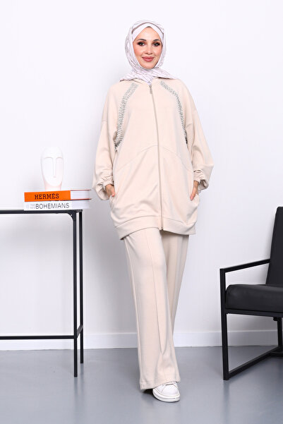 İmajButik Beige Double Pocket Stone Embroidered Modal Suit