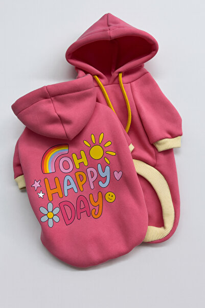 Lady Pet Market Oh Happy Day Baskılı Pembe Köpek Sweatshirtü L Beden | Kapüşonlu, Polar Kumaş, Rahat Pet Hoodie