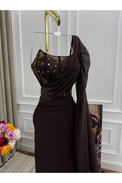 HOOR DRESSES One-shoulder long evening dress with crystals