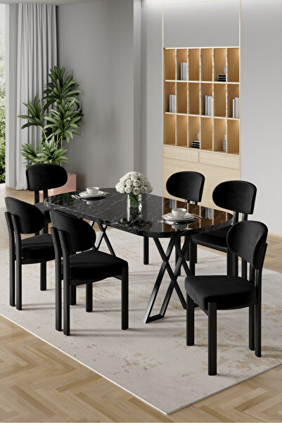 Canisa Radon Serisi MDF 90x168 Sabit Siyah Mermer Desen Mutfak Masa Takımı 6 ...