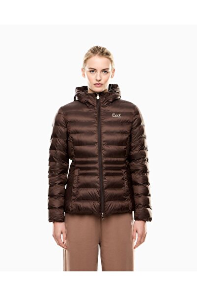 EA7 Men's Hooded Collar Long Sleeve Zippered Brown Coat 7W000684 Af12475-U6063