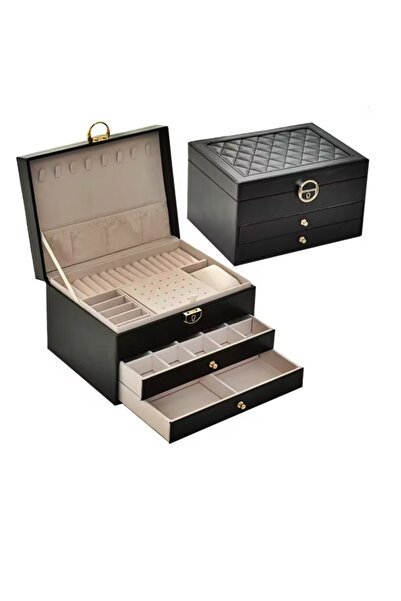 Arzu Güzel Cosmetics Kadınlar için 3 Katmanlı Kilitli Deri Mücevher Kutusu Çıkarılabilir Tepsili Düzenleyici
