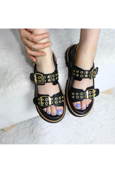 asmi shoes Women's Simya Black Double Strap Capsule Detailed Thick Sole Orthopedic Sandals Black